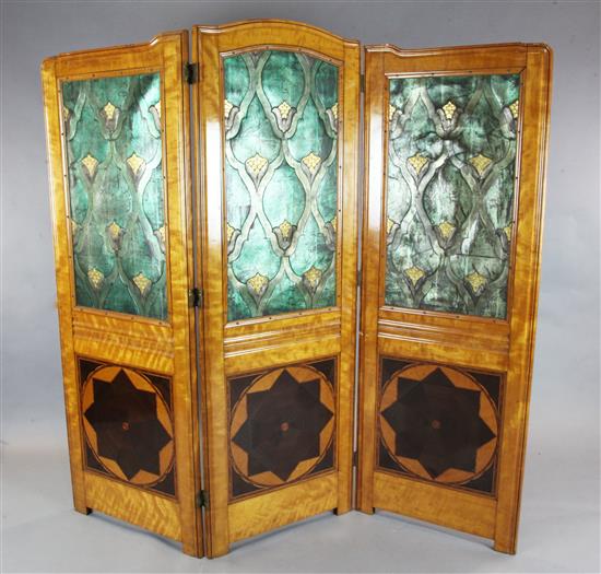 A Jugendstil satinwood, embossed leather and inlaid three-fold dressing screen, Each panel W.2ft H.5ft 9in.
